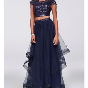 Cap sleeve sequin and tulle two-piece prom dress